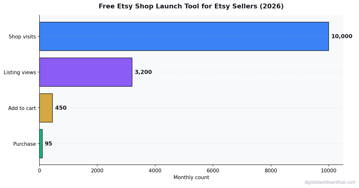 Horizontal funnel chart showing a typical e-commerce conversion path from shop visits to purchases.