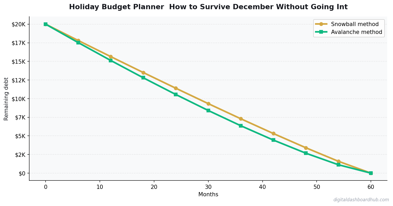 Line chart showing debt balance over 60 months comparing snowball vs avalanche payoff methods.