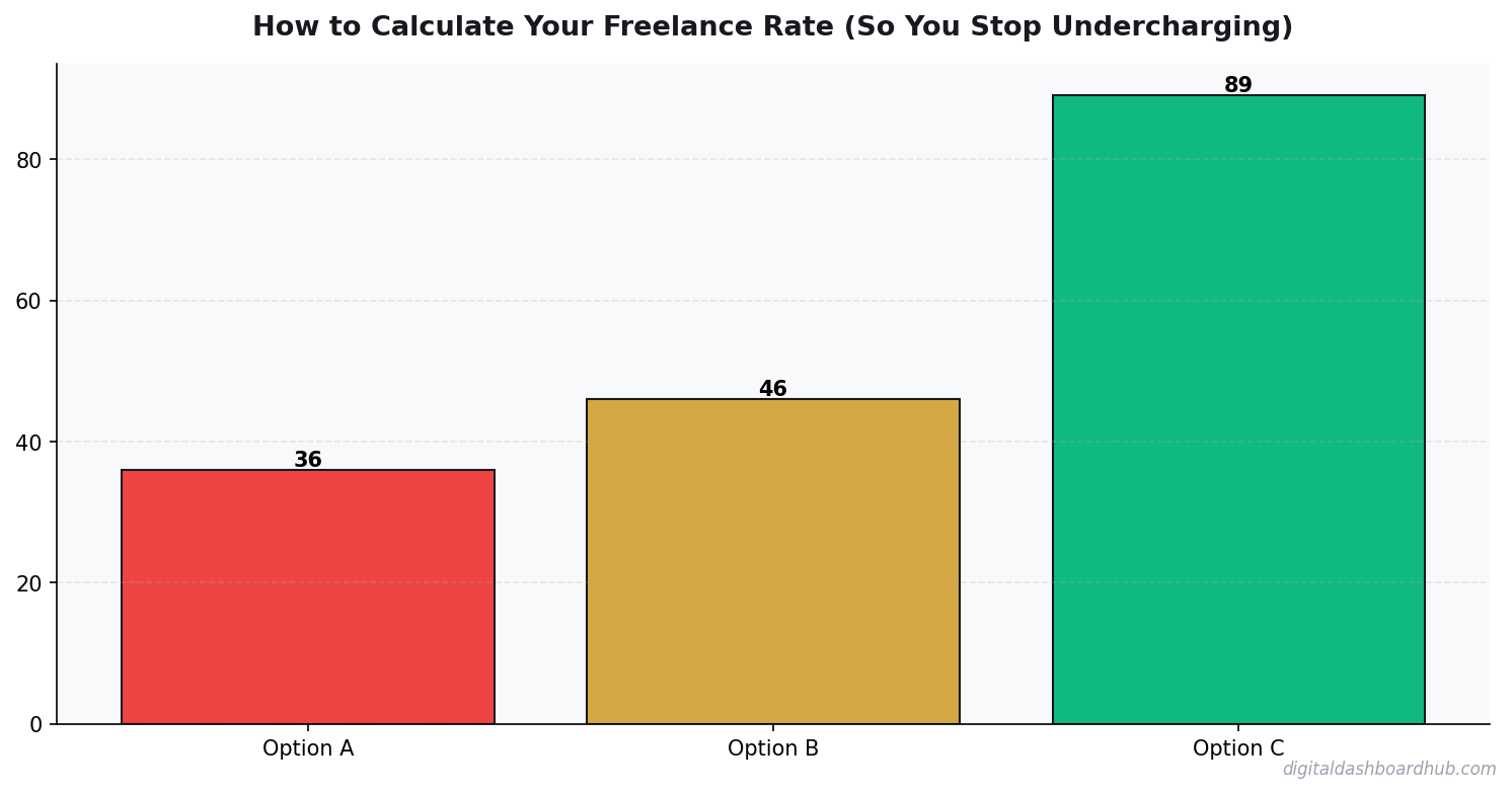 Bar chart summarizing key comparison points for how to calculate your freelance rate so you stop undercharging.